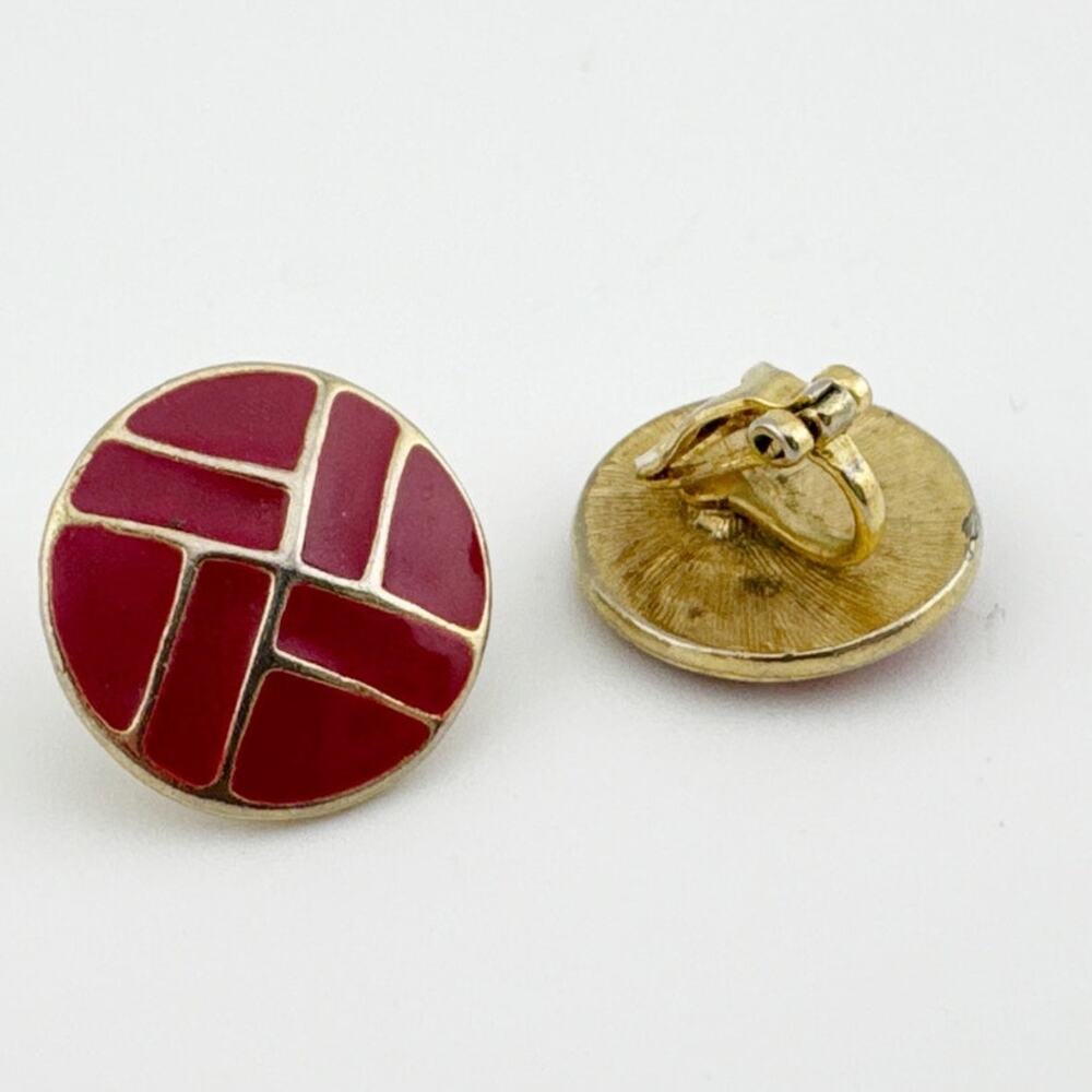 Vintage Red & Gold Geometric Enamel Clip-On Earrings